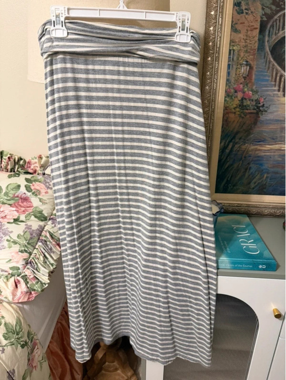 J.Crew Soft Modal Striped Maxi Skirt Coastal Casual Gray White Modest